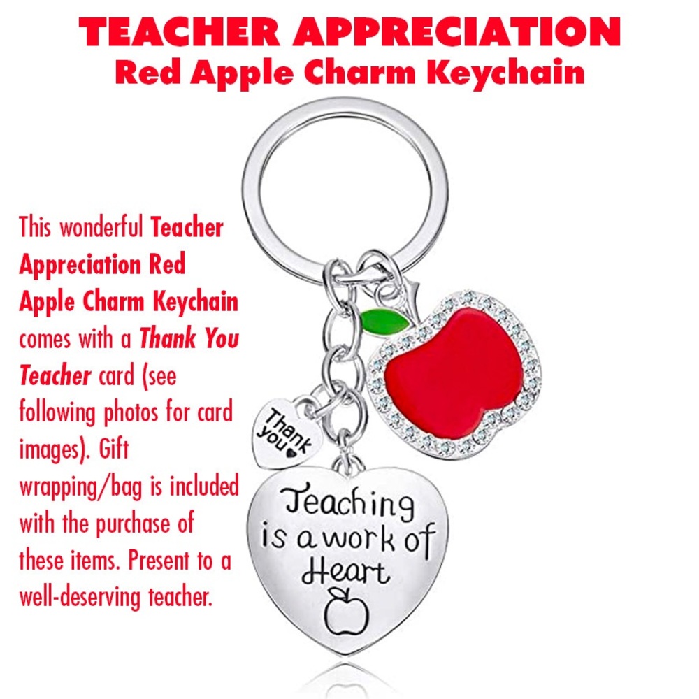 Teacher Appreciation Red Apple Charm Keychain with FREE Thank You Teacher Card